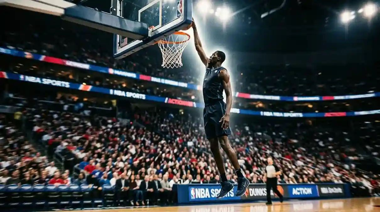Jugador muy alto de baloncesto NBA realizando un mate en una cancha profesional